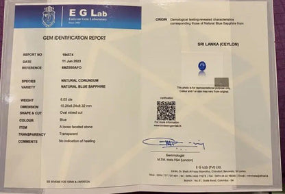 6.03 Carats 100% Natural Blue Ceylon Sapphire