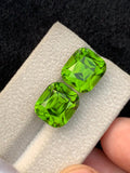 Two bright Loose peridot pairs green cushion-cut gemstones displayed